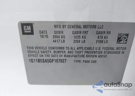 2016 Chevrolet Malibu Limited Ls z USA, uszkodzony, nr VIN 1G11B5SA5GF167827